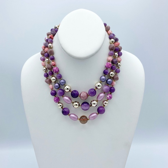 Vintage Purple Silver Tone Flower Beaded Multi Strand Collar Statement Necklace - Picture 11 of 11